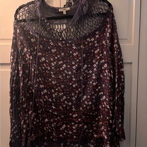 easel Purple Floral Crochet-Yoke Long Sleeve Tunic